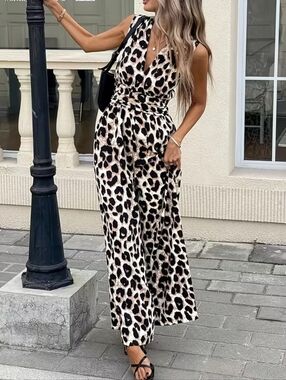 Leopard Print Wide-Leg Jumpsuit - Beige/Black
